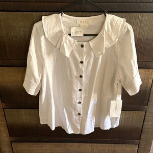 White Button-Up Blouse with Ruffled Collar
